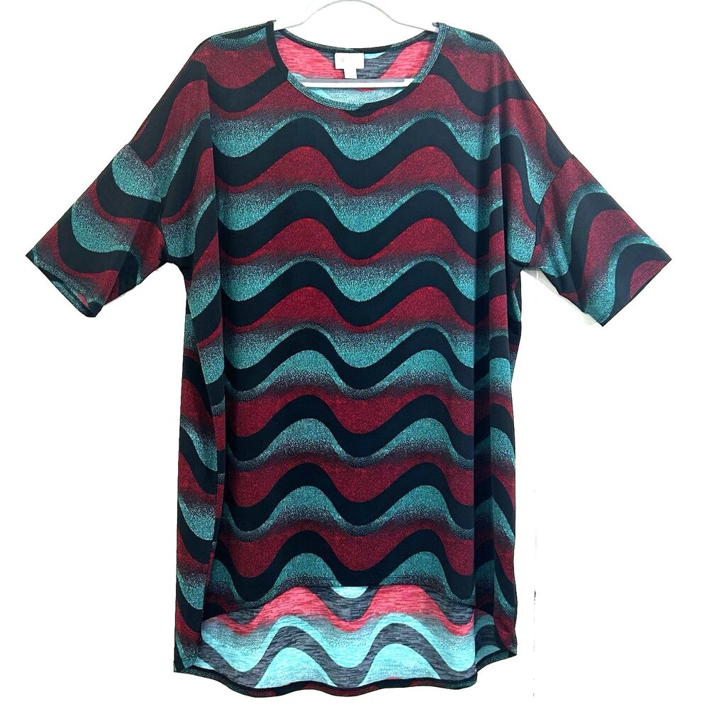 Lula Roe Women Red Green Tunic Shirt Dress Size XL High Low Relaxed Oversize